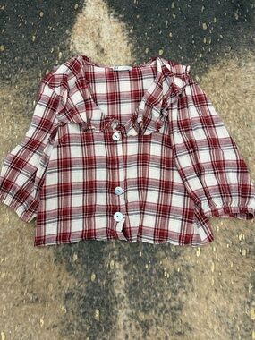 Zara Red and Cream Plaid Ruffle-Trim Button Front Top | womens med
